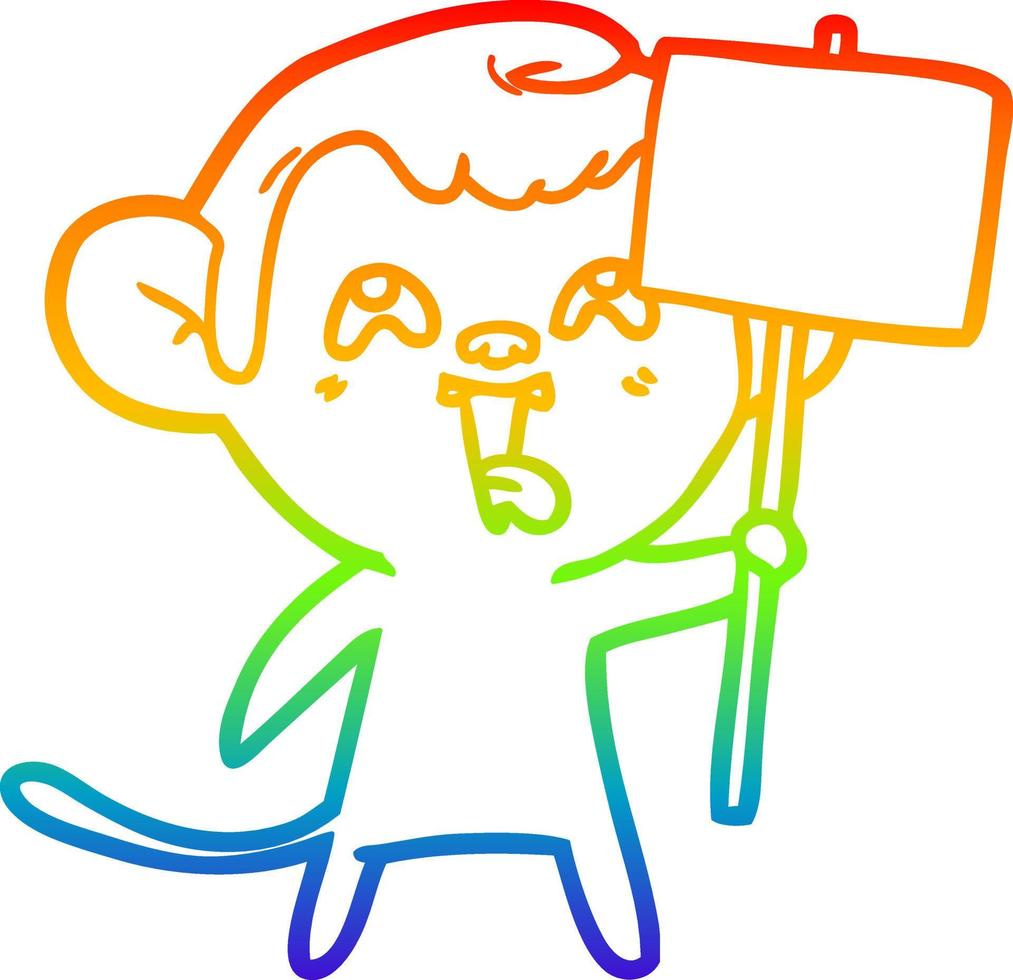 Regenbogen-Gradientenlinie, die einen verrückten Cartoon-Affen mit Schild zeichnet vektor