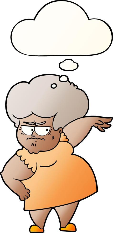 tecknad arg gammal kvinna och tankebubbla i jämn gradientstil vektor