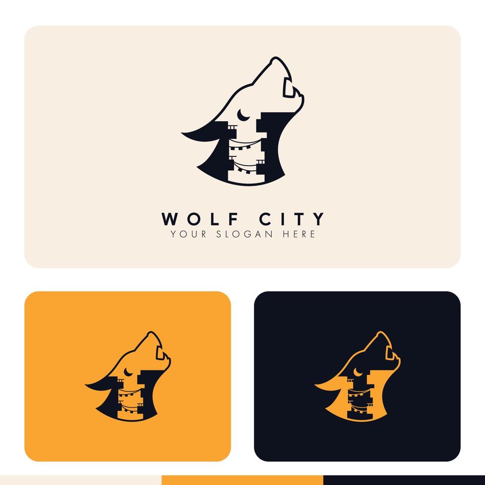 enkel minimalistisk stad inuti wolf silhoutte logotypdesign vektor