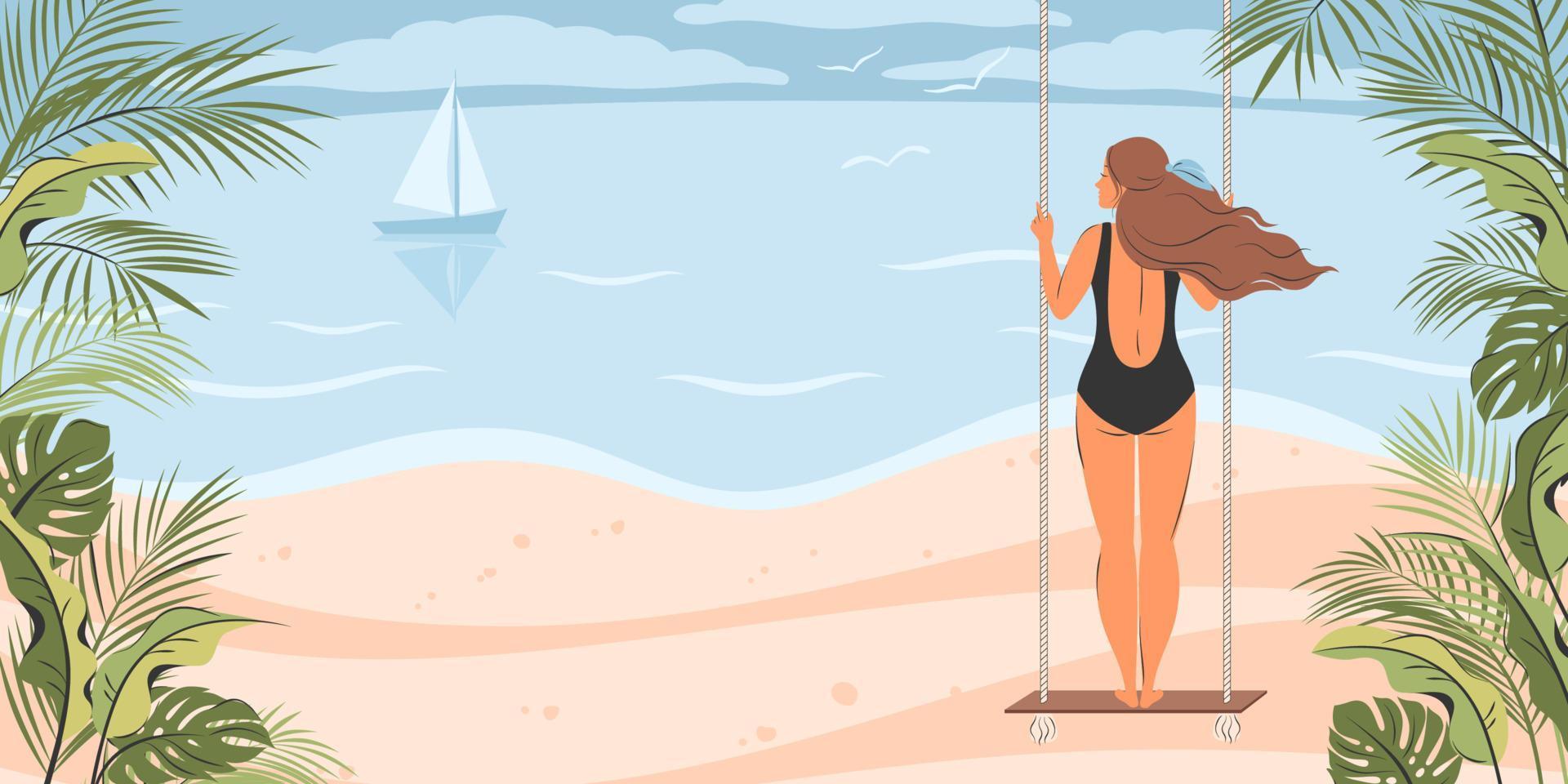 sommar banner med bikini flicka på stranden på gungan och med tropiska löv. vektor illustration