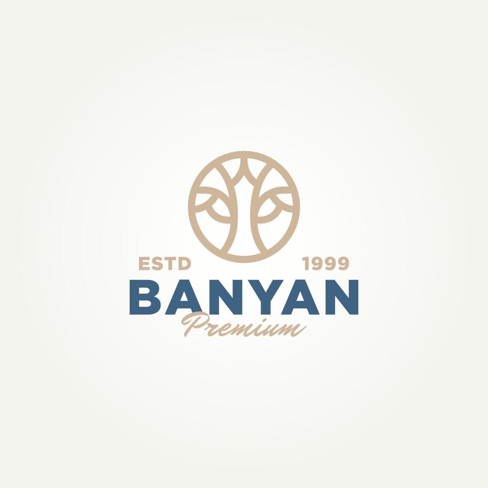 minimalistisk banyan tree line art ikon logotyp badge mall vektor illustration design. enkel minimalistisk miljö, natur, ekologi livsträd emblem logotyp koncept inspiration