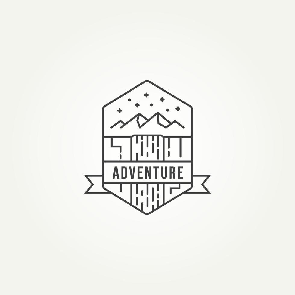 minimalistisches Outdoor-Abenteuer Strichzeichnungen Symbol Logo Vorlage Vektor Illustration Design. einfacher Landschaftsberg und Wasserfall im Logokonzept der Nachtansicht