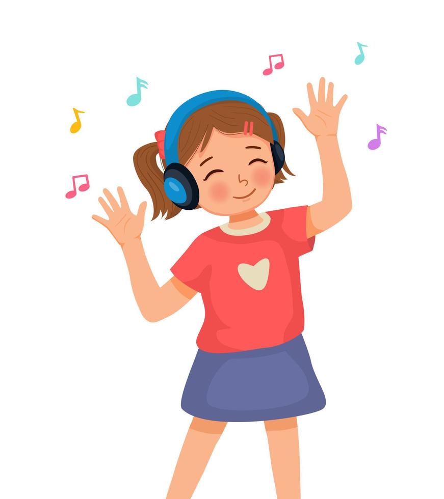 Fröhliches süßes kleines Mädchen tanzt beim Musikhören mit Kopfhörer vektor