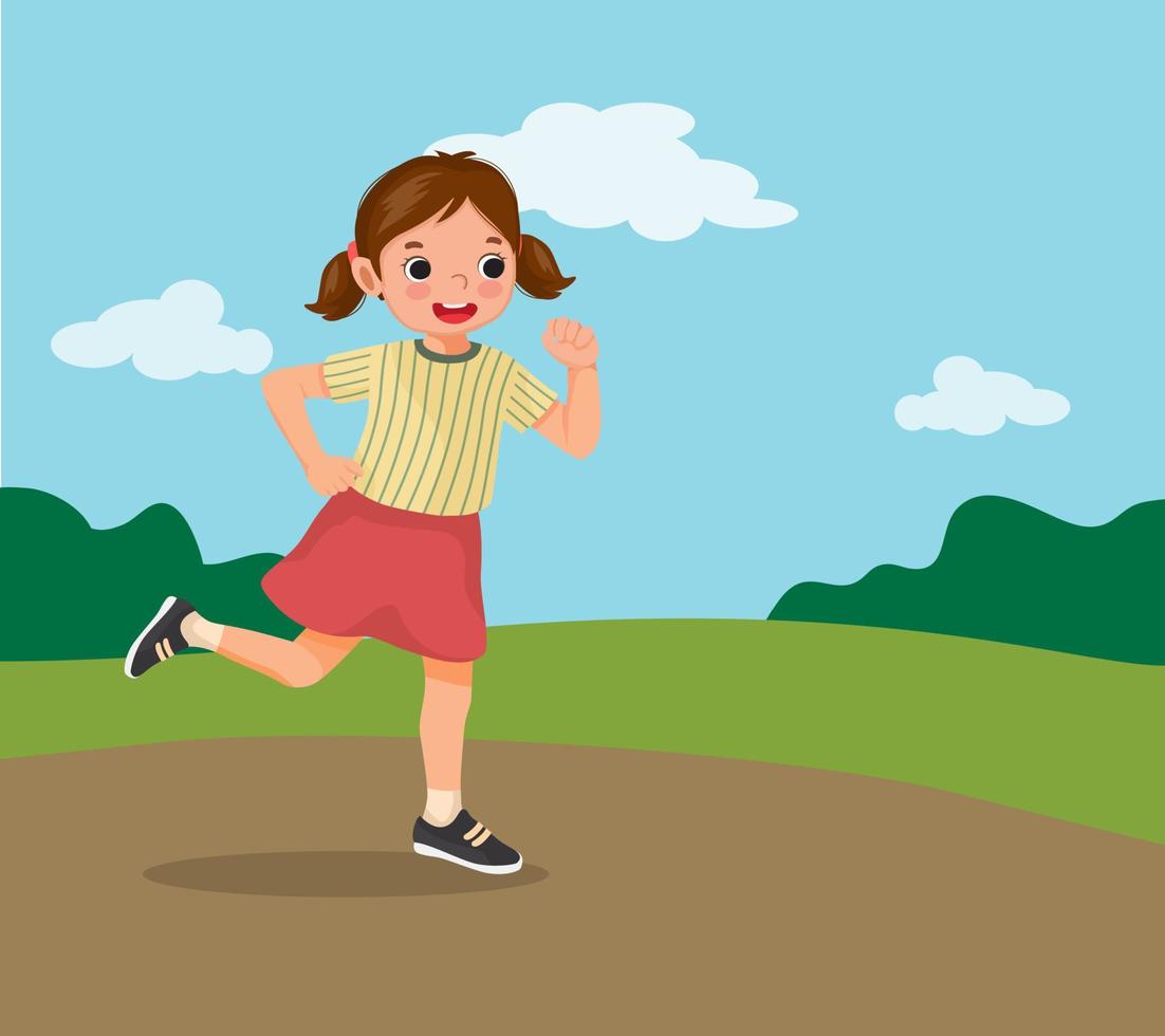 glad liten flicka kör jogging på parken på sommaren vektor