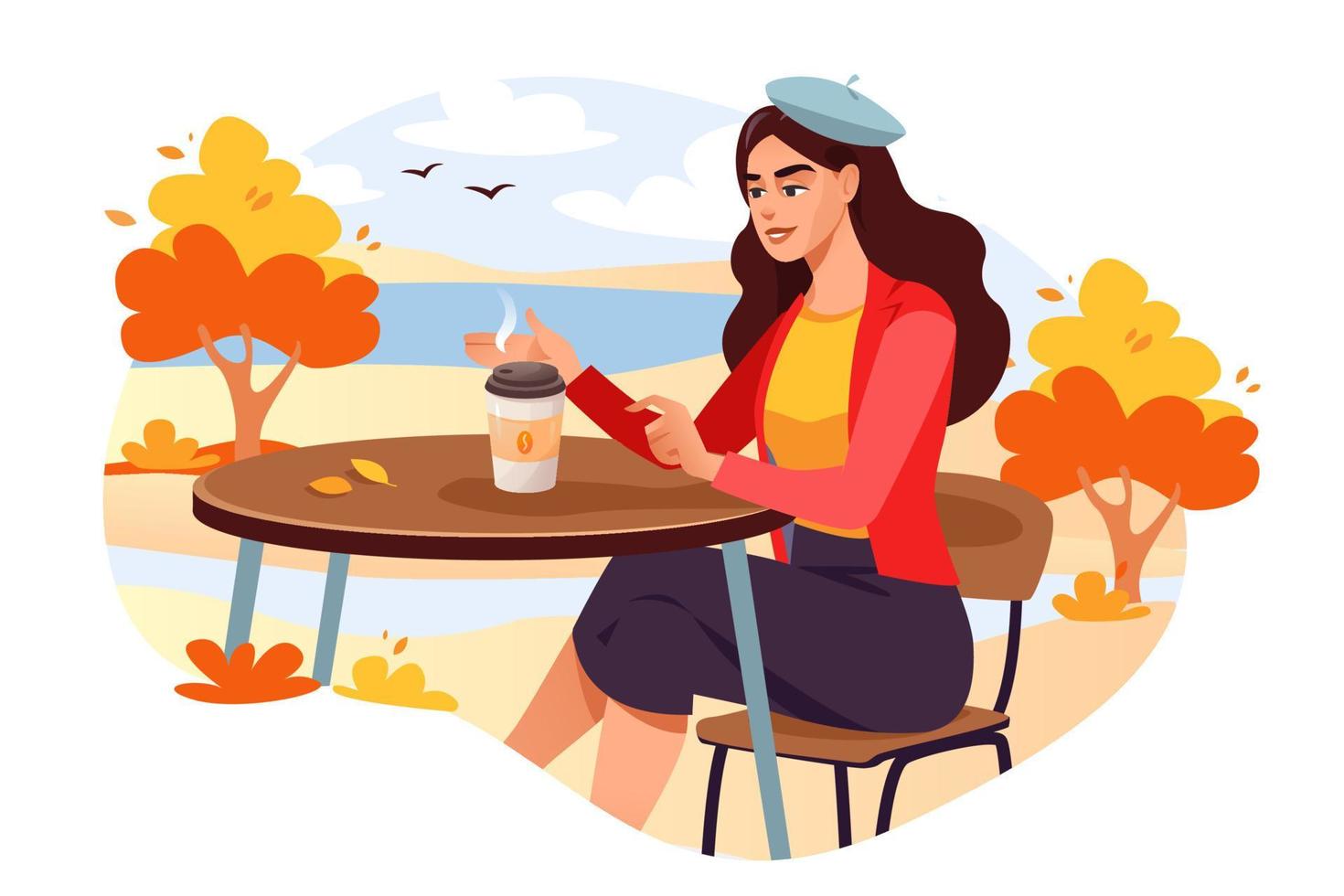 ein Mädchen in einem Herbstpark in einem Café mit einer Tasse Kaffee. Herbstpark. Cartoon-Vektor-Illustration vektor