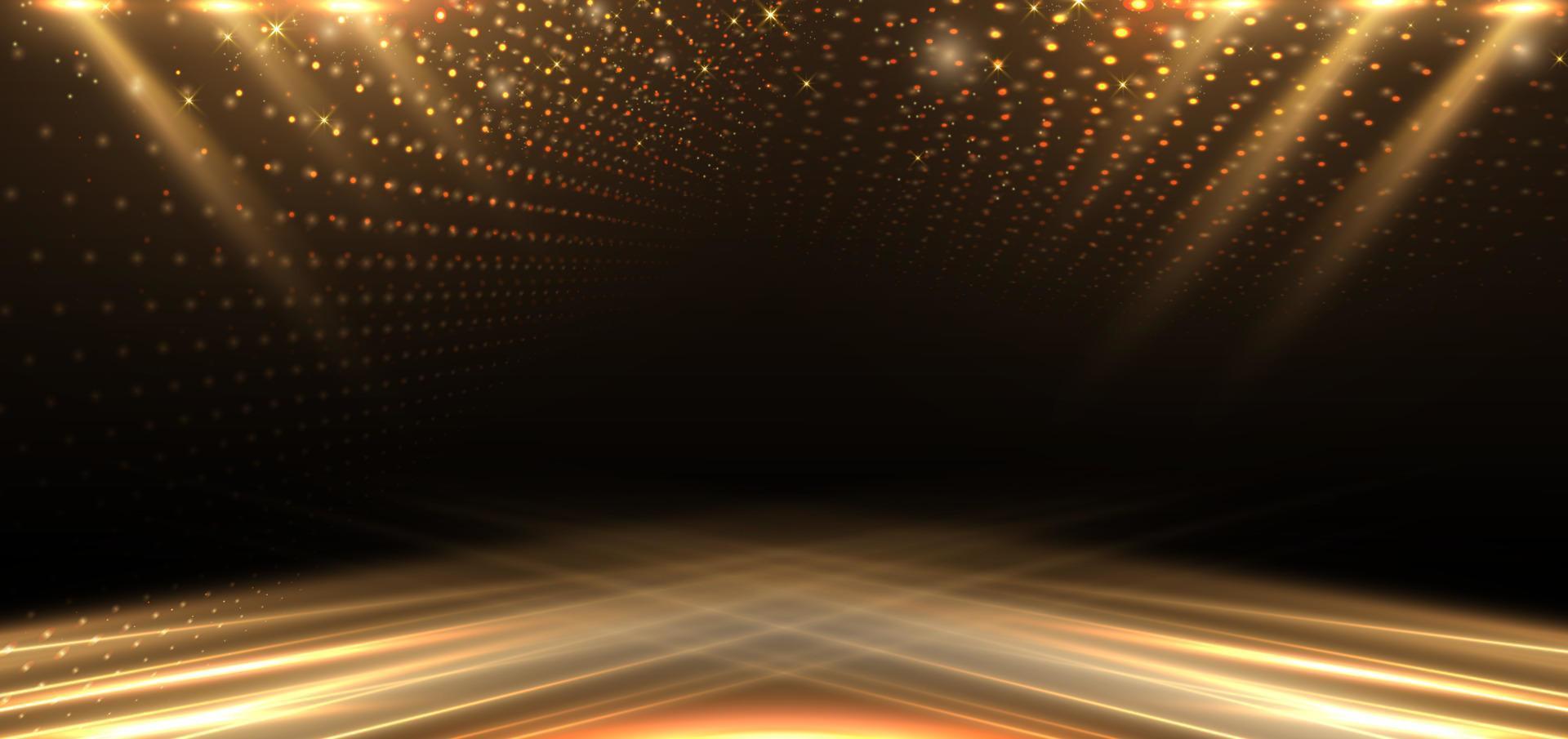 elegante goldene Bühnendiagonale, die mit Lichteffekten auf schwarzem Hintergrund leuchtet. Vorlage Premium-Award-Design. vektor