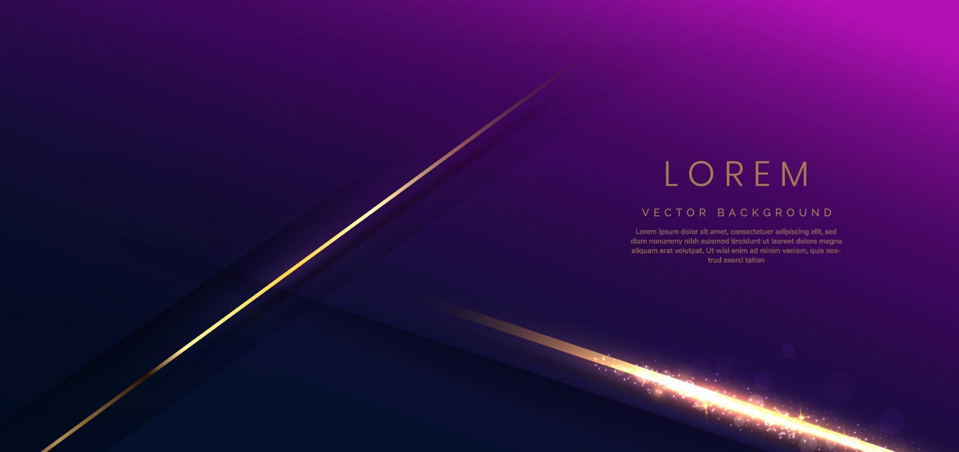 abstrakte elegante Goldlinien diagonal auf dunkelblauem und violettem Hintergrund mit Lichteffekt funkeln. luxus-vorlagenstil mit kopierraum für text. Vektor-Illustration vektor