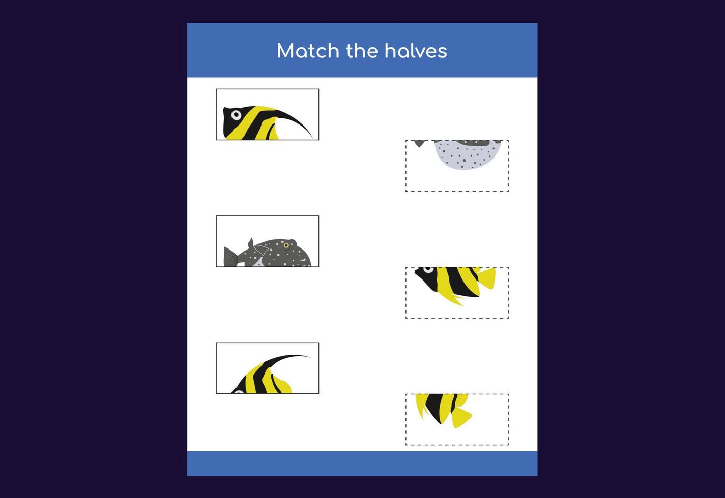 Matching-Spiel. passende Fischhälften. Lernspiel für Kinder, Arbeitsblatt zum Ausdrucken vektor
