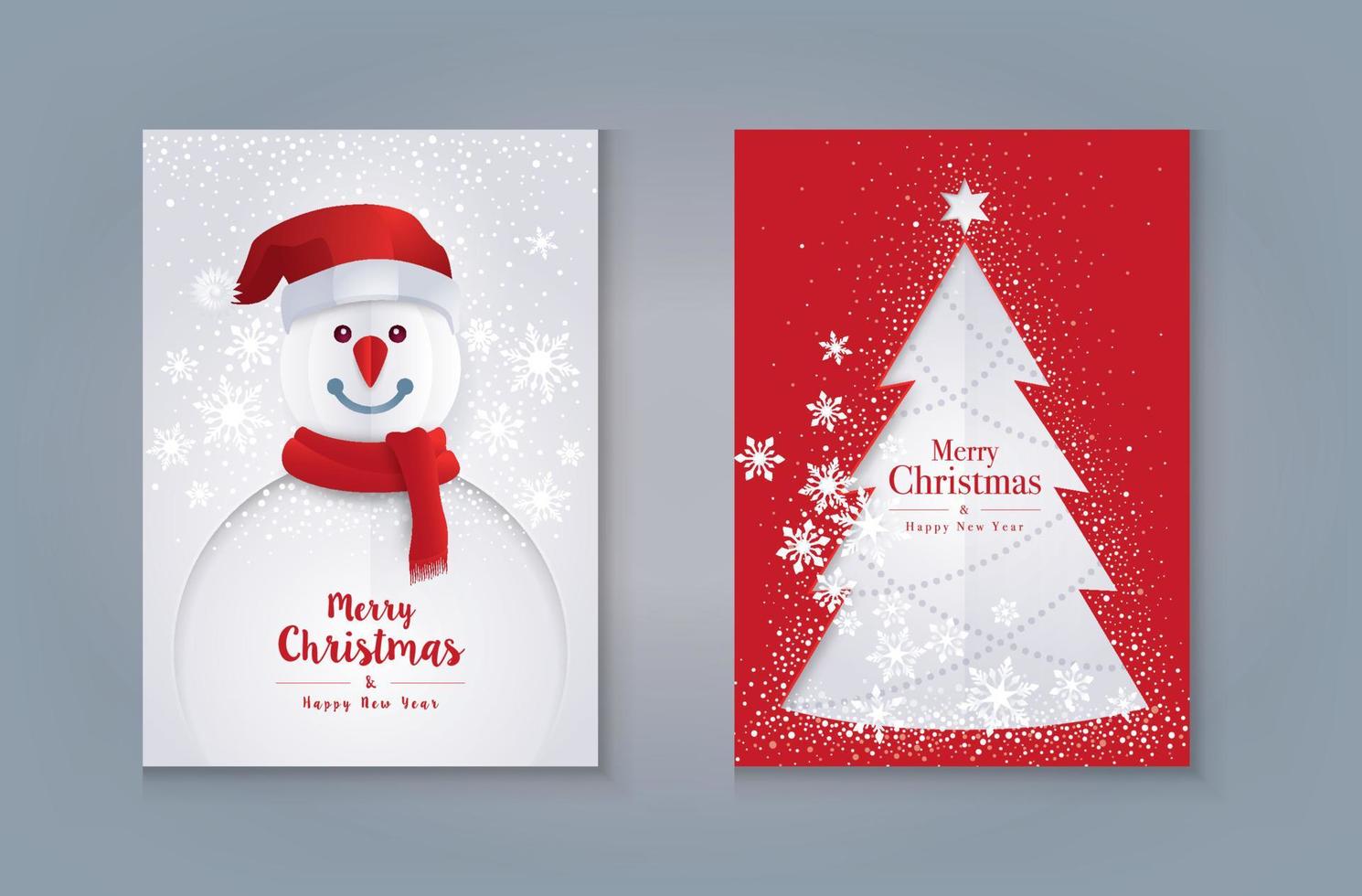 frohe weihnachten grußkartendesign. roter und grüner Weihnachtsbaum und Schneemann mit Schneeflocke, vektor