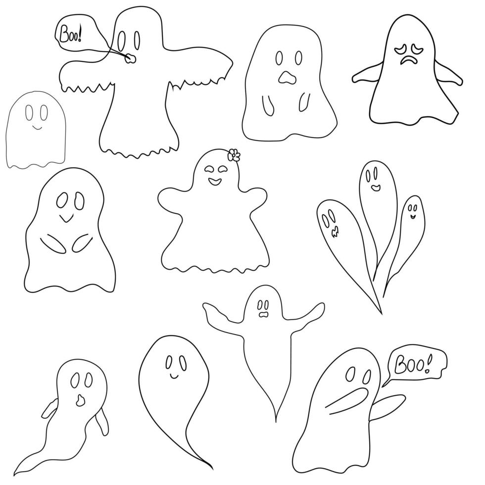 en uppsättning av elva spöklika konturer med olika karaktärer isolerade på en vit bakgrund. vektor