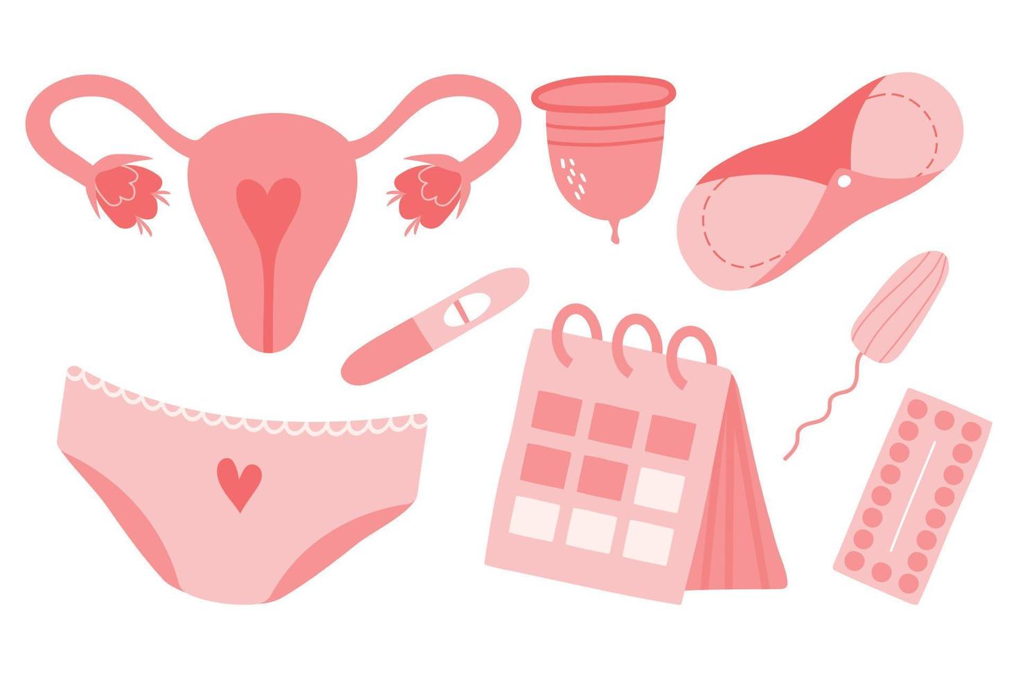 en uppsättning klistermärken för menstruation, menstruation, kvinnlig livmoder, reproduktionssystem. graviditetstest, tamponger, kalender, livmodern i tecknad vektorillustration isolerad på vit bakgrund vektor