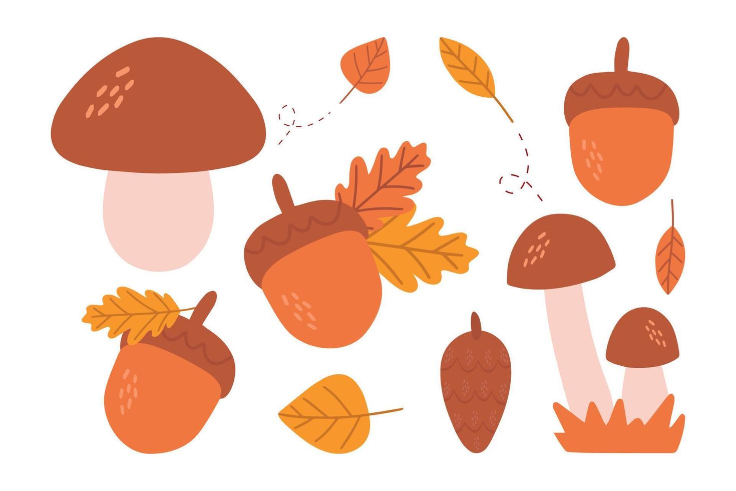 Blätter im Herbst, Pilze und Eicheln isoliert auf weißem Hintergrund. einfacher Cartoon-Flat-Stil, Vektorillustration. vektor