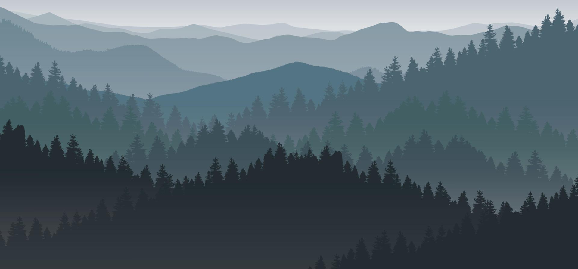 vektor illustration med bergslandskap. dimma och skog.