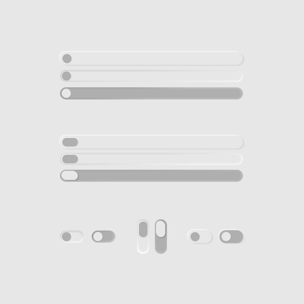 weiße Web-Buttons mit grauen Designelementen. Push-, Toggle-Switch-Tasten und Schieberegler. minimalismus ui ux realistische benutzeroberflächenelemente. für Websites, mobiles Menü, Navigation und Apps vektor