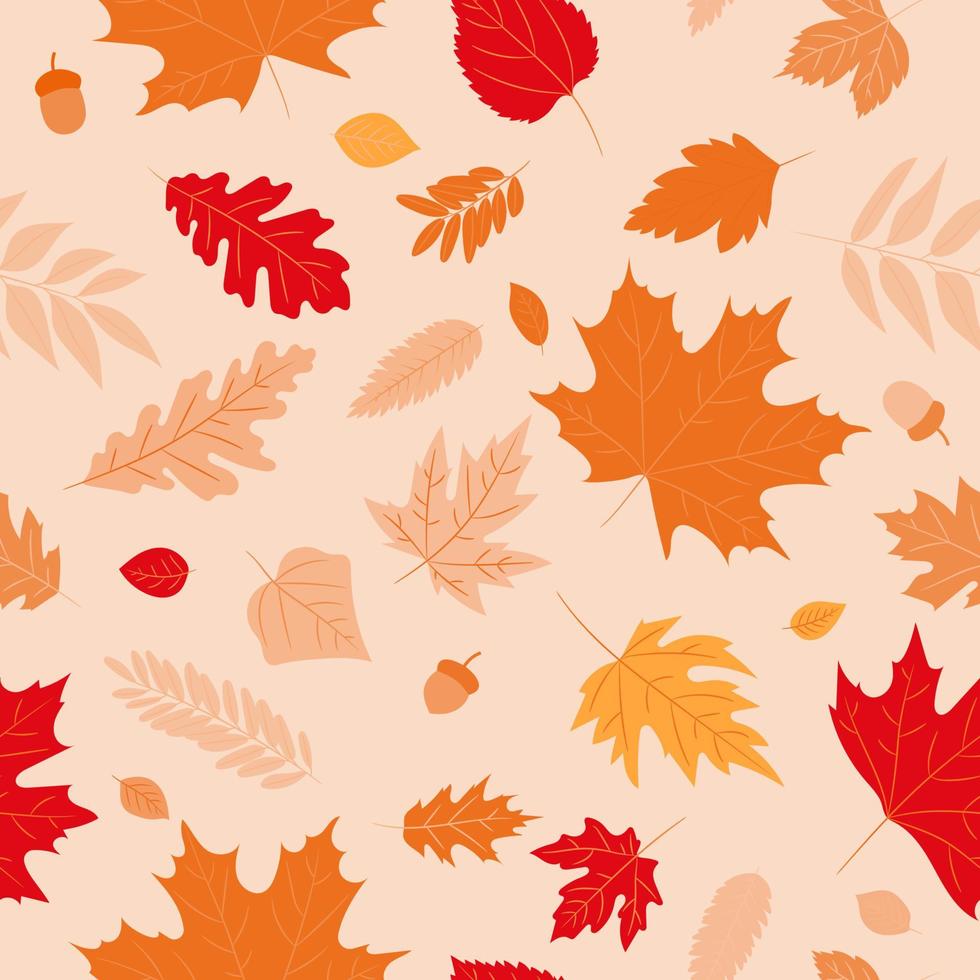 Nahtloses Muster Herbstlaub eines Ahorns, einer Eiche, einer Birke. fallen Sie gelbe, orange, rote Blattbeschaffenheit auf dem beigen Hintergrund. laubhintergrunddesign für herbstverkauf, vorlage für banner oder textil. vektor