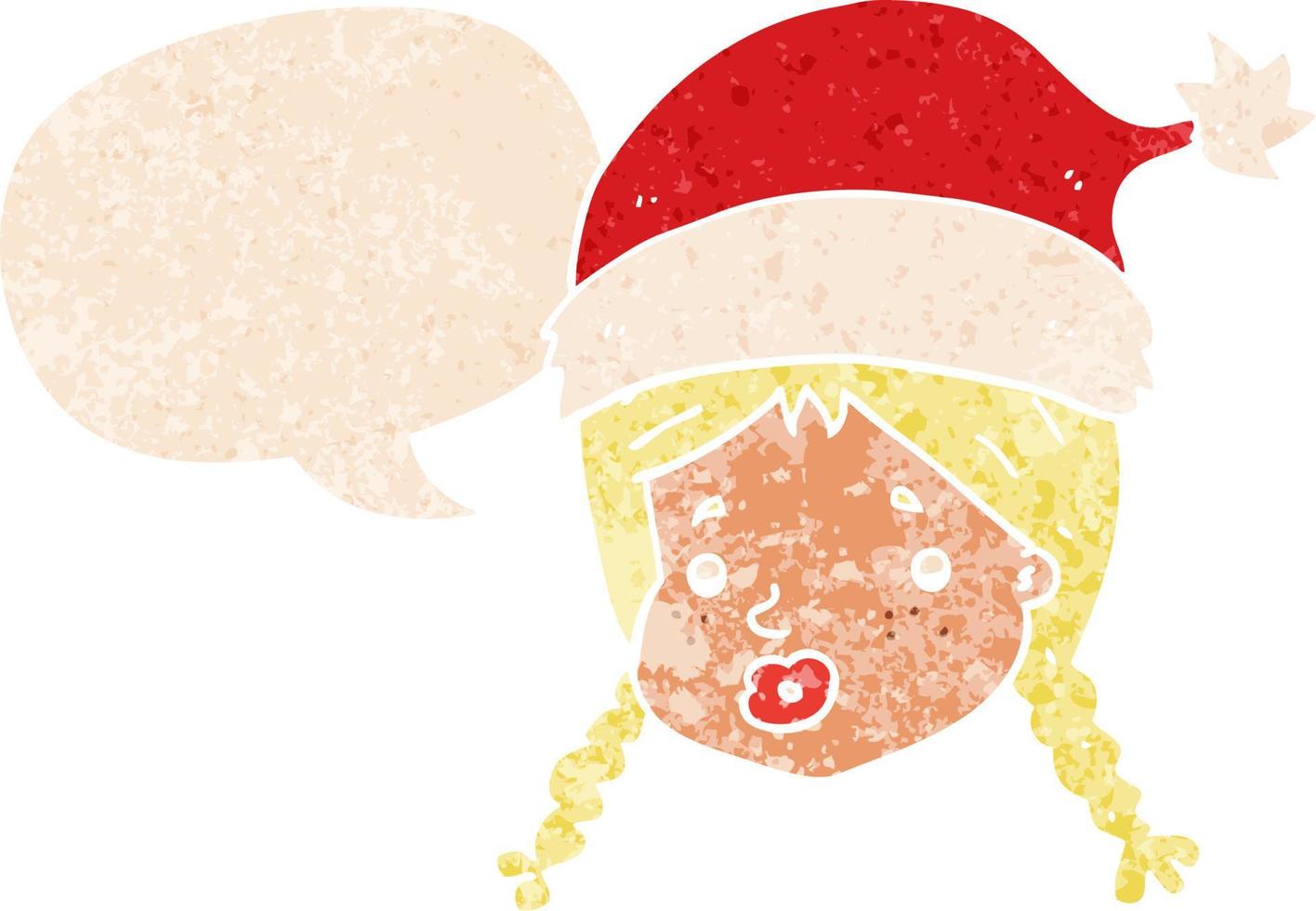 tecknad flicka bär julhatt och pratbubbla i retro texturerad stil vektor