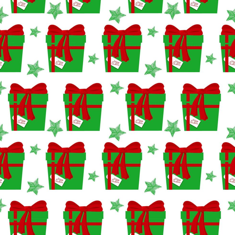 nahtloses muster von weihnachtsgeschenken und sternen. handgezeichnete Doodle-Elemente im flachen Stil. die traditionelle weihnachtsfarbe ist rot mit grün. Winter. Urlaubsverpackung. Vektor einfache Illustration