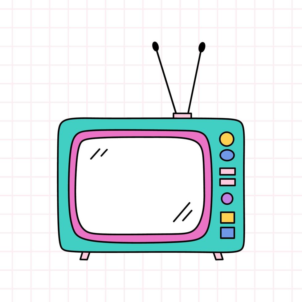 Retro-TV in hellen Farben. Vektor-handgezeichnete Doodle-Illustration isoliert auf weißem Hintergrund. Perfekt für Karten, Dekorationen, Logos, verschiedene Designs. Nostalgie, 90er-Stil vektor