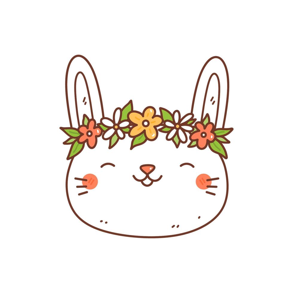 söt leende kanin med en blomsterkrans isolerad på vit bakgrund. vektor handritad illustration i kawaii stil. perfekt för kort, tryck, t-shirt, affisch, dekorationer, logotyp. tecknad figur.