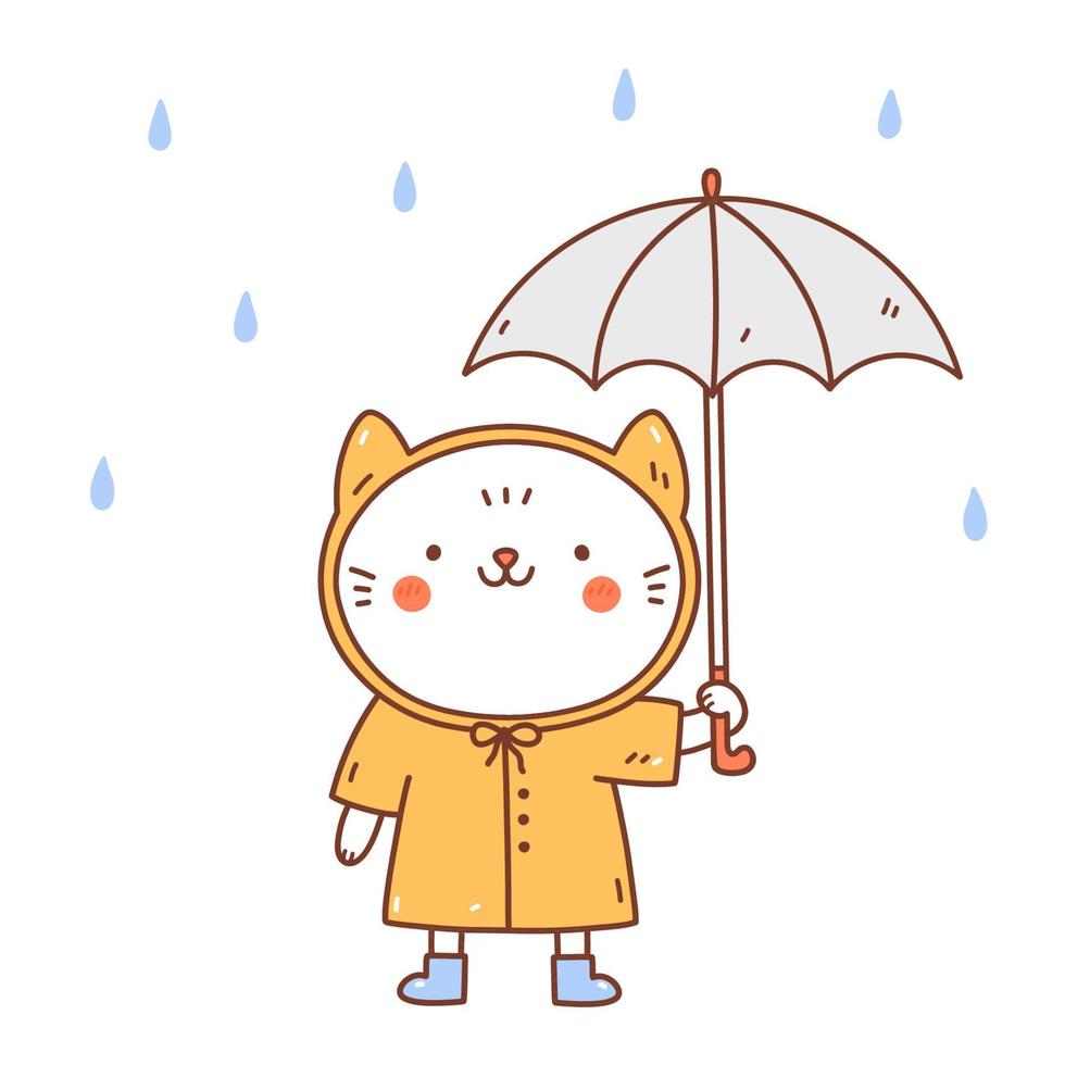 süße katze in einem gelben regenmantel und gummistiefeln unter einem regenschirm. vektor handgezeichnete illustration im kawaii-stil. perfekt für karten, druck, t-shirt, poster, dekorationen, logo. Zeichentrickfigur.