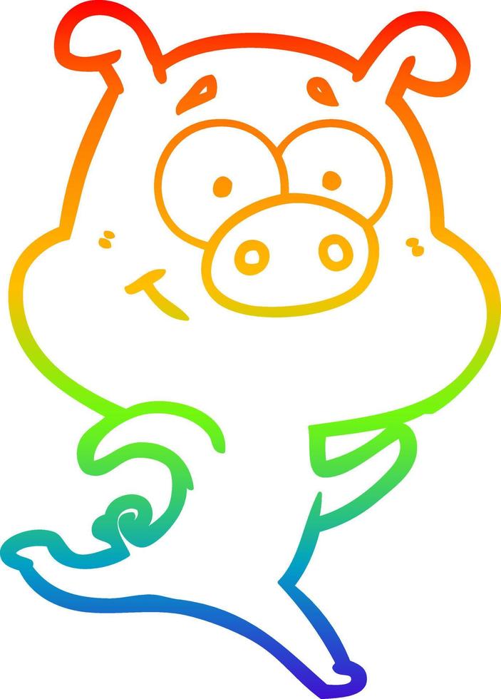Regenbogen-Gradientenlinie, die glückliches Cartoon-Schwein läuft vektor