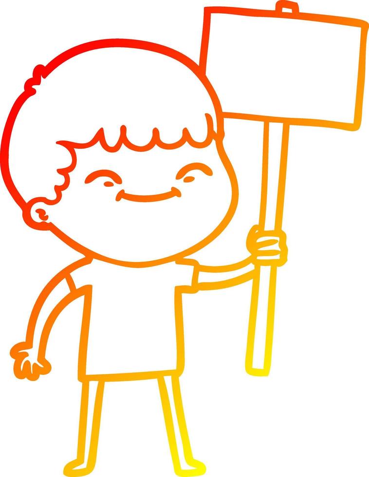 varm gradient linjeteckning tecknad leende pojke med plakat vektor