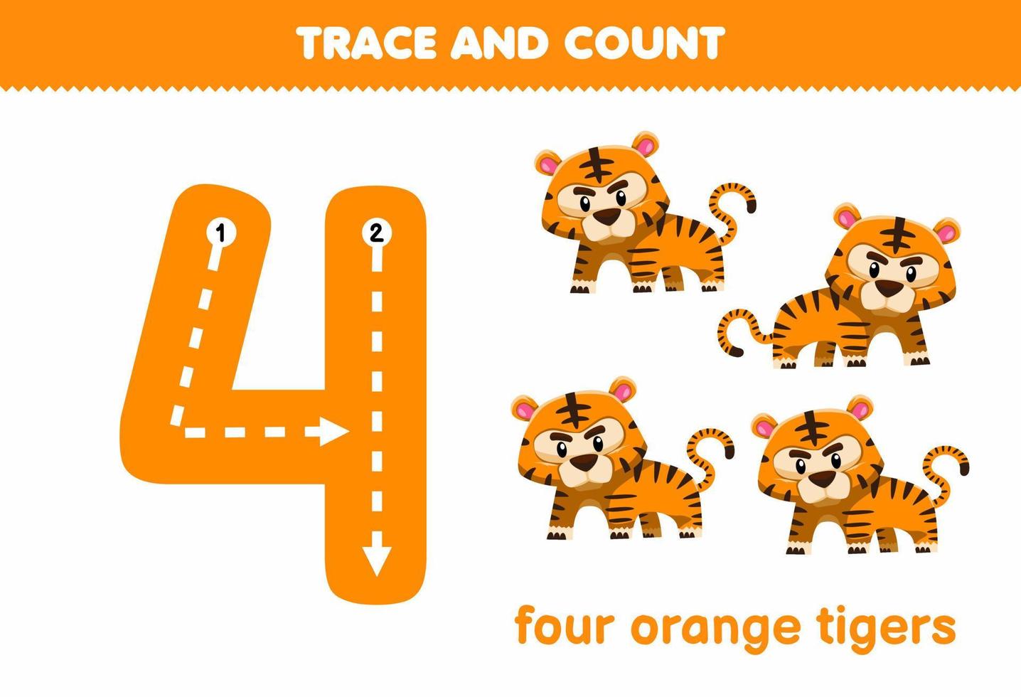 utbildningsspel för barn spårning nummer fyra och räkning av söta tecknade djur orange tiger utskrivbara kalkylblad vektor
