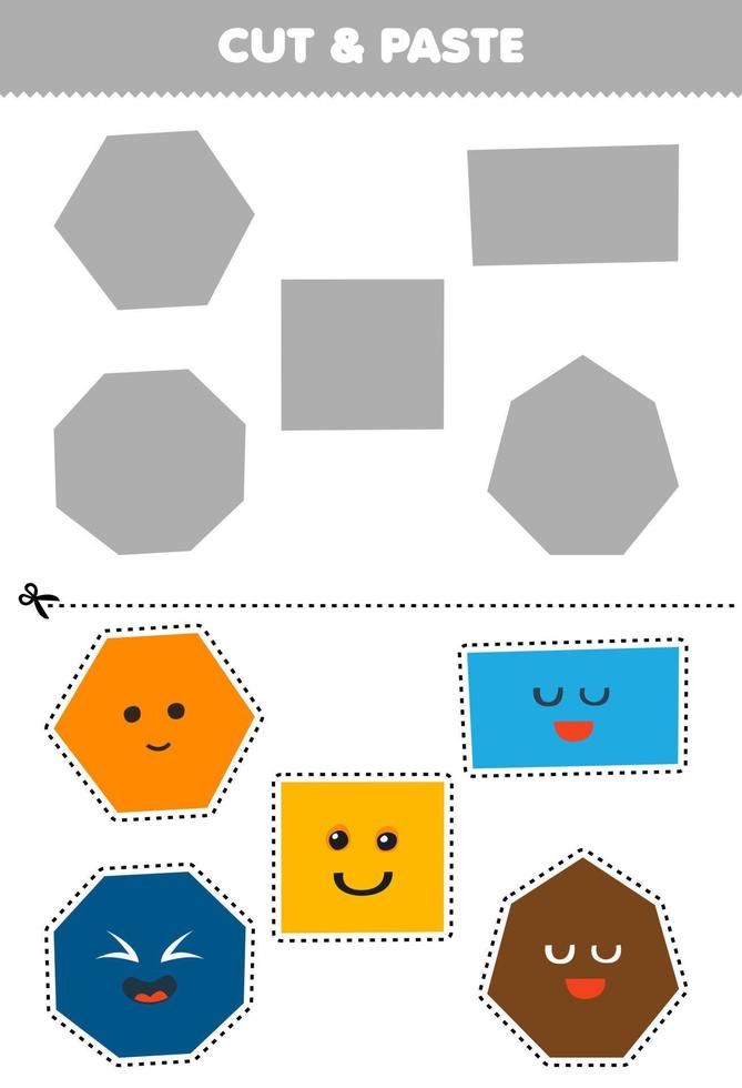bildungsspiel für kinder schneiden und fügen sie niedliche cartoon geometrische formen hexagon quadrat rechteck achteck heptagon zum richtigen teil druckbares arbeitsblatt vektor