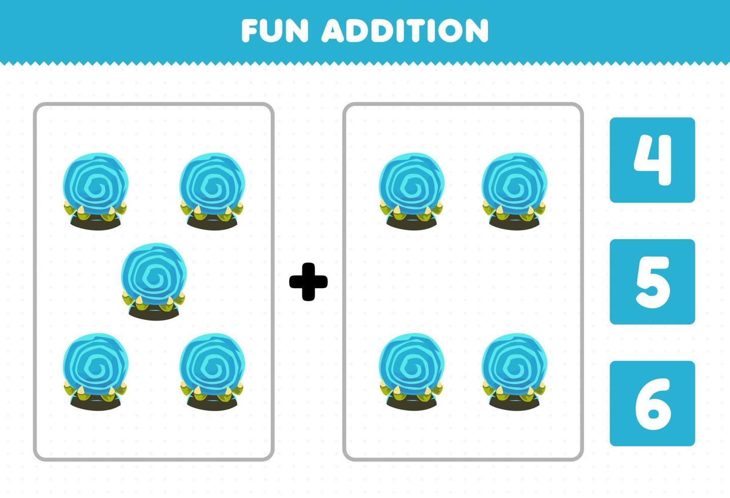 Lernspiel für Kinder Spaß Addition durch Zählen und wählen Sie die richtige Antwort des niedlichen Cartoon Blue Magic Orb Halloween druckbares Arbeitsblatt vektor