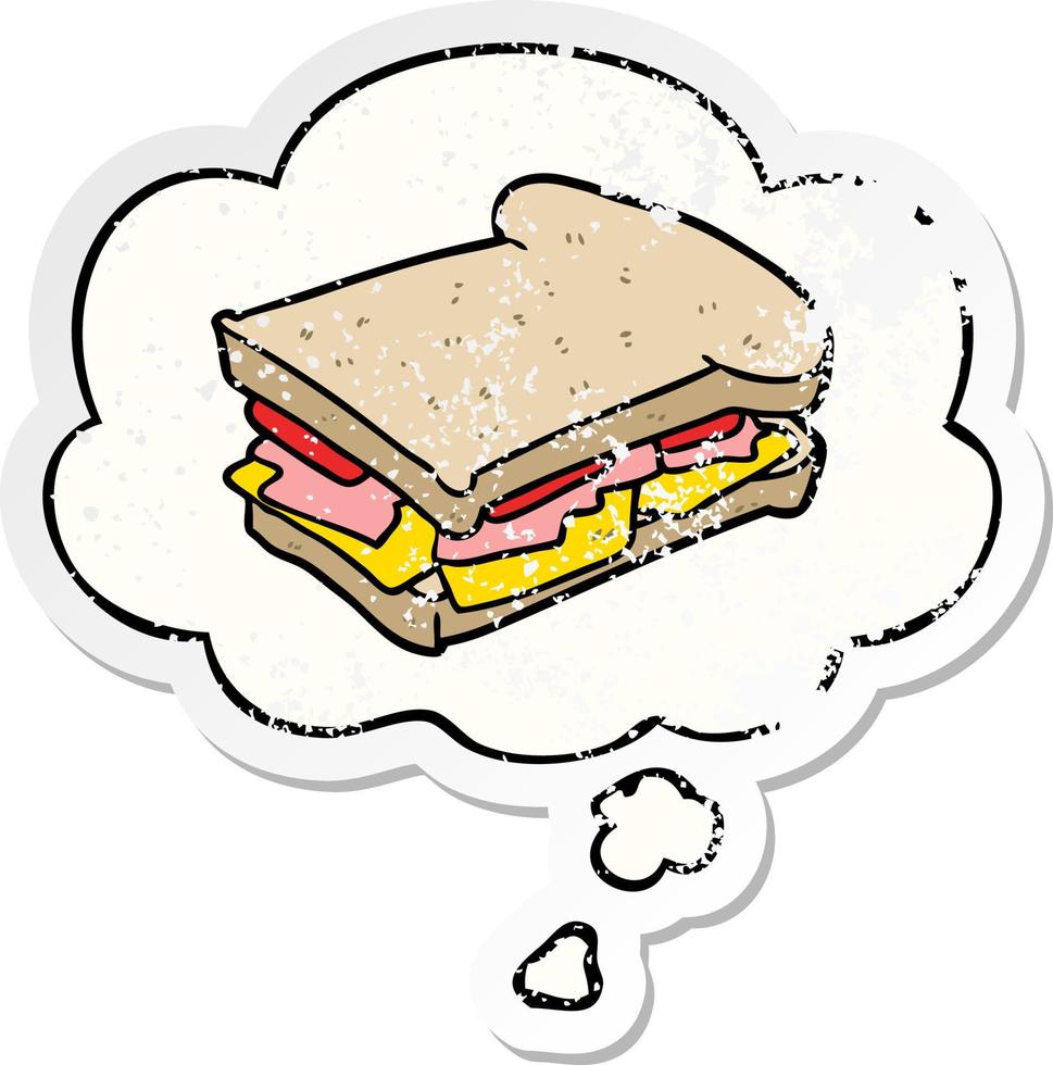tecknad skinksmörgås och tankebubbla som ett bekymrat slitet klistermärke vektor