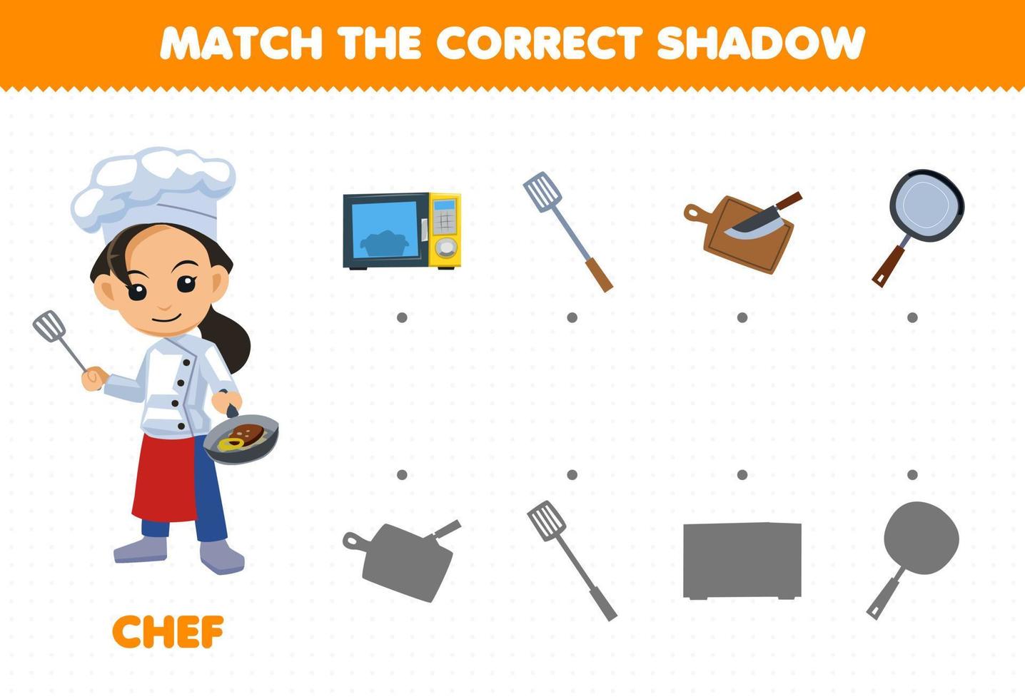 utbildningsspel för barn matchar den korrekta skuggan av yrkesgrejer för söt tecknad kock utskrivbart kalkylblad vektor