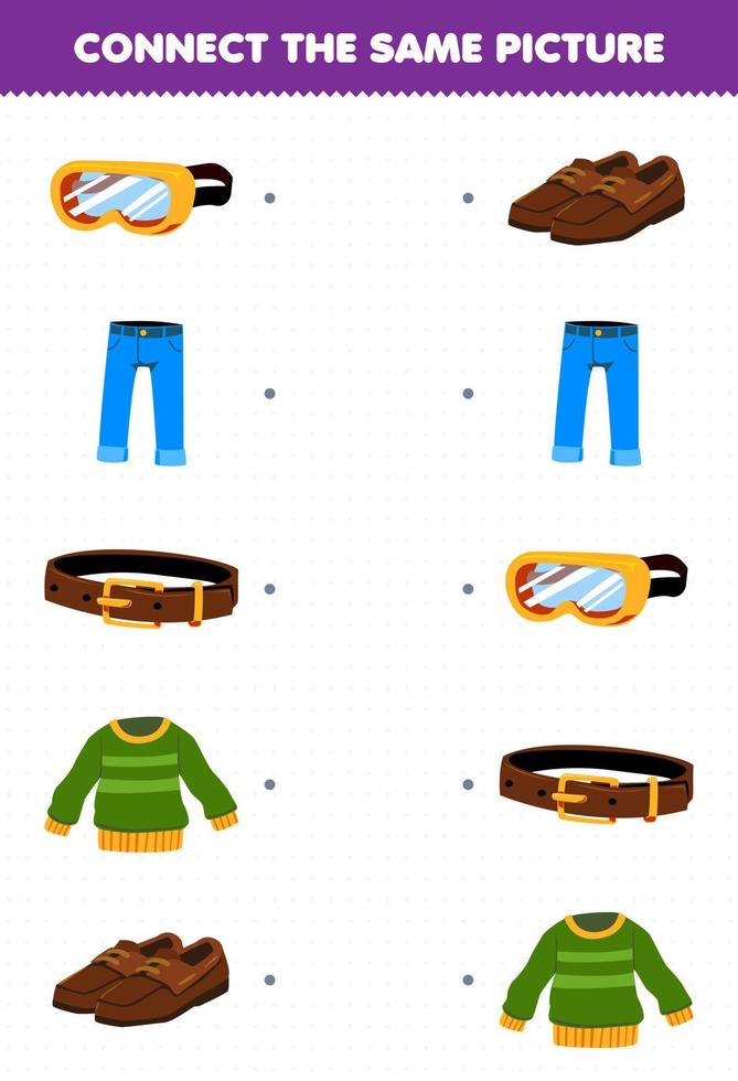 Bildungsspiel für Kinder Verbinden Sie das gleiche Bild von Cartoon tragbare Kleidung Jeanspullover Gürtel Schuhe Schutzbrillen druckbares Arbeitsblatt vektor