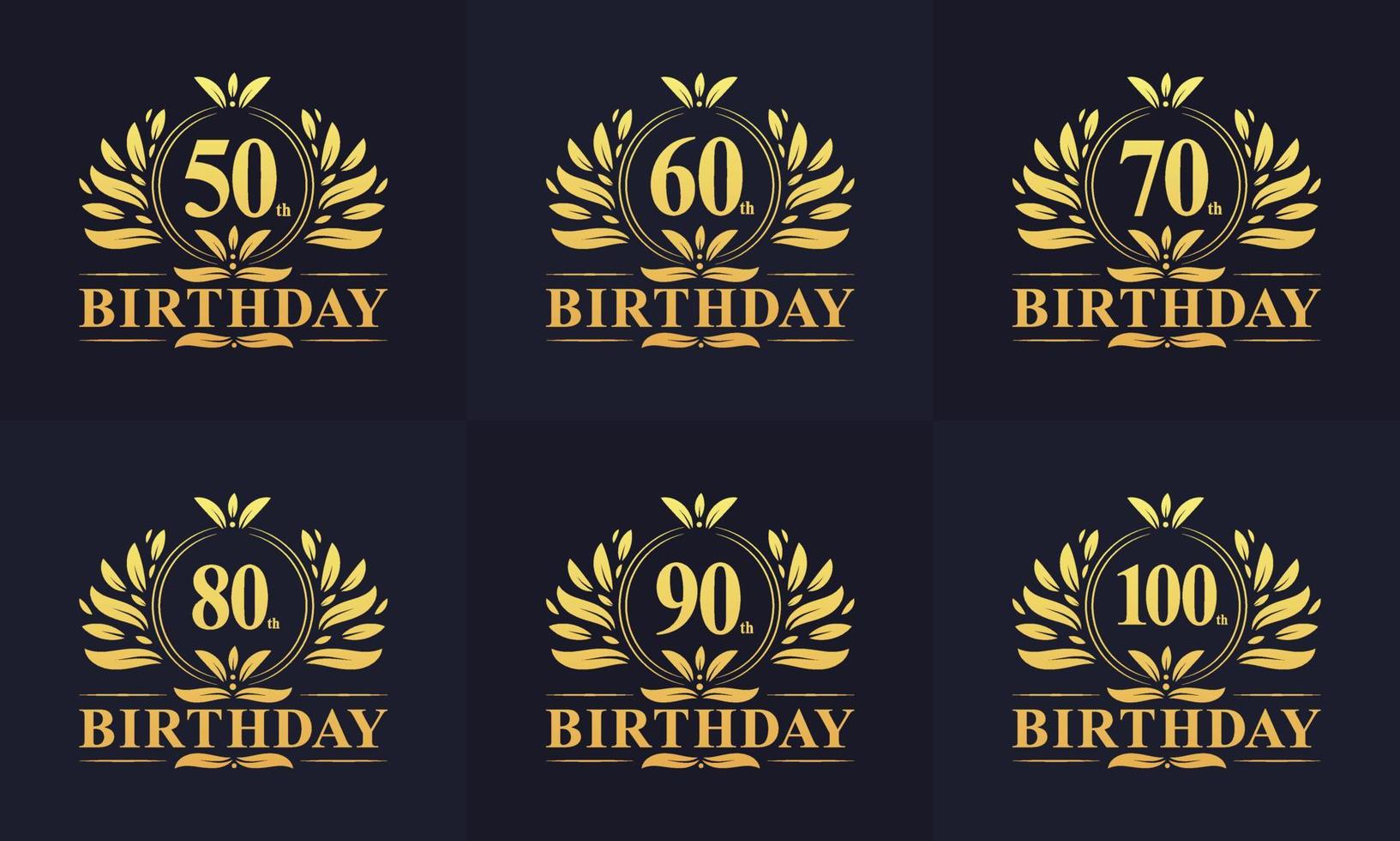 Vintage Retro-Geburtstags-Logo-Set. luxuriöses goldenes geburtstagslogopaket. 50., 60., 70., 80., 90., 100. alles Gute zum Geburtstag-Logo-Paket. vektor