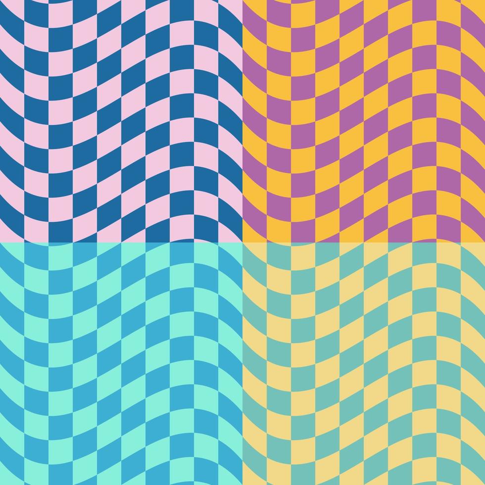 satz von mehrfarbigen schwenkenden flagge checkers hintergrunddesigns. vier quadratische karierte nahtlose muster in den farben grün, gelb, lila, cyan. moderne dynamische Texturen für Digital-, Print- und Webdesign. vektor