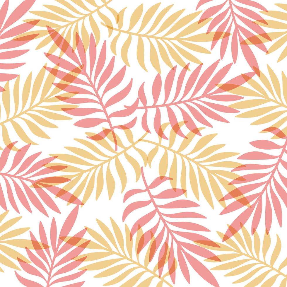 enkla tropiska löv bakgrund. abstrakt bakgrund med överliggande palmblad av röd och orange färg. sommar exotisk tapet vektor. vektor
