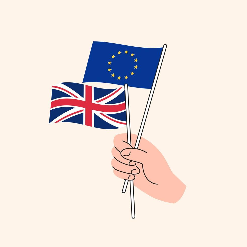 karikaturhand, die flaggen der europäischen union und großbritanniens hält. beziehungen zwischen der eu und dem vereinigten königreich. Konzept der Diplomatie, Politik und demokratischen Verhandlungen. flaches Design isolierter Vektor. vektor