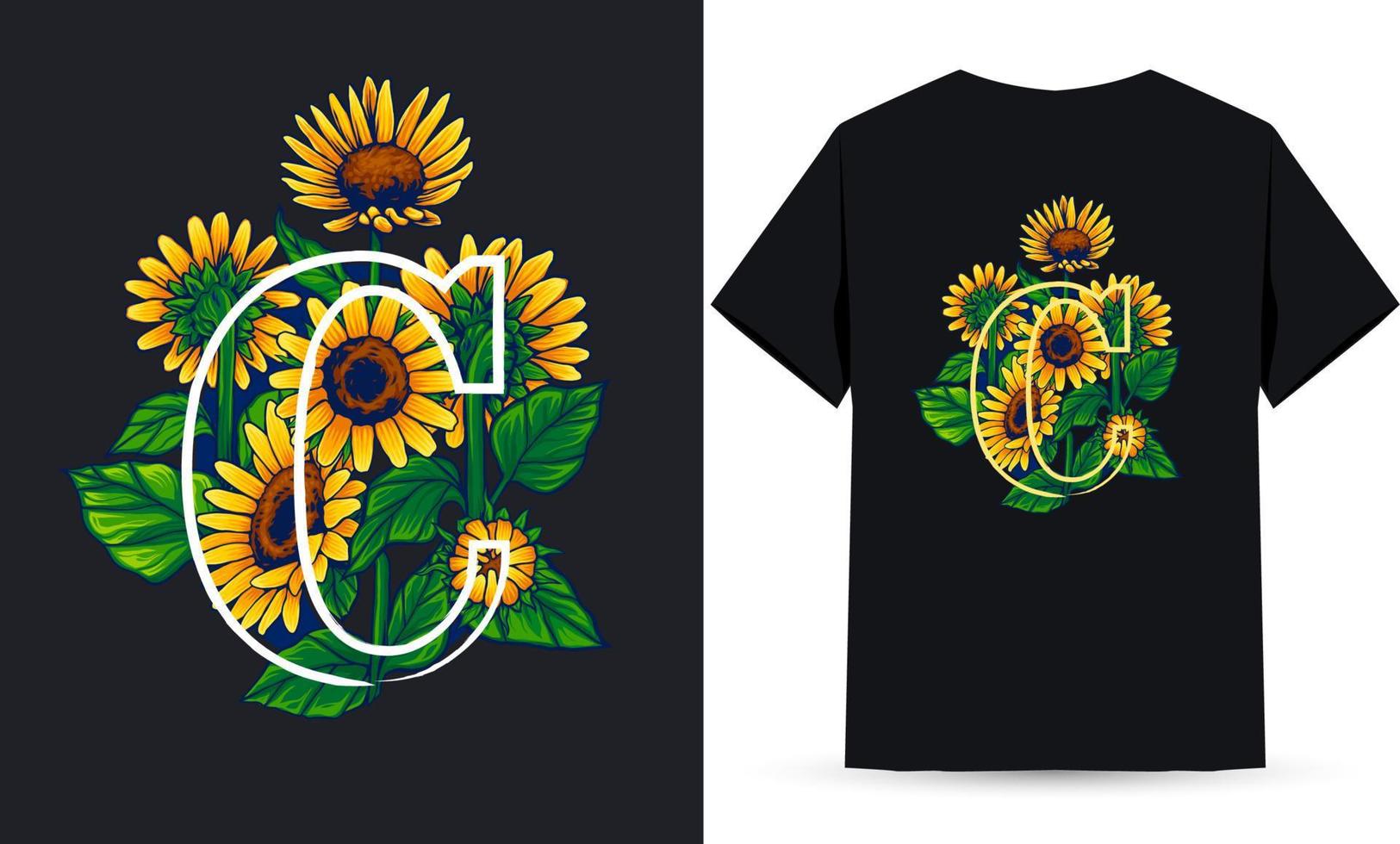 buchstabe c alphabet sonnenblume und sommerillustration geeignet für den siebdruck von hemden vektor