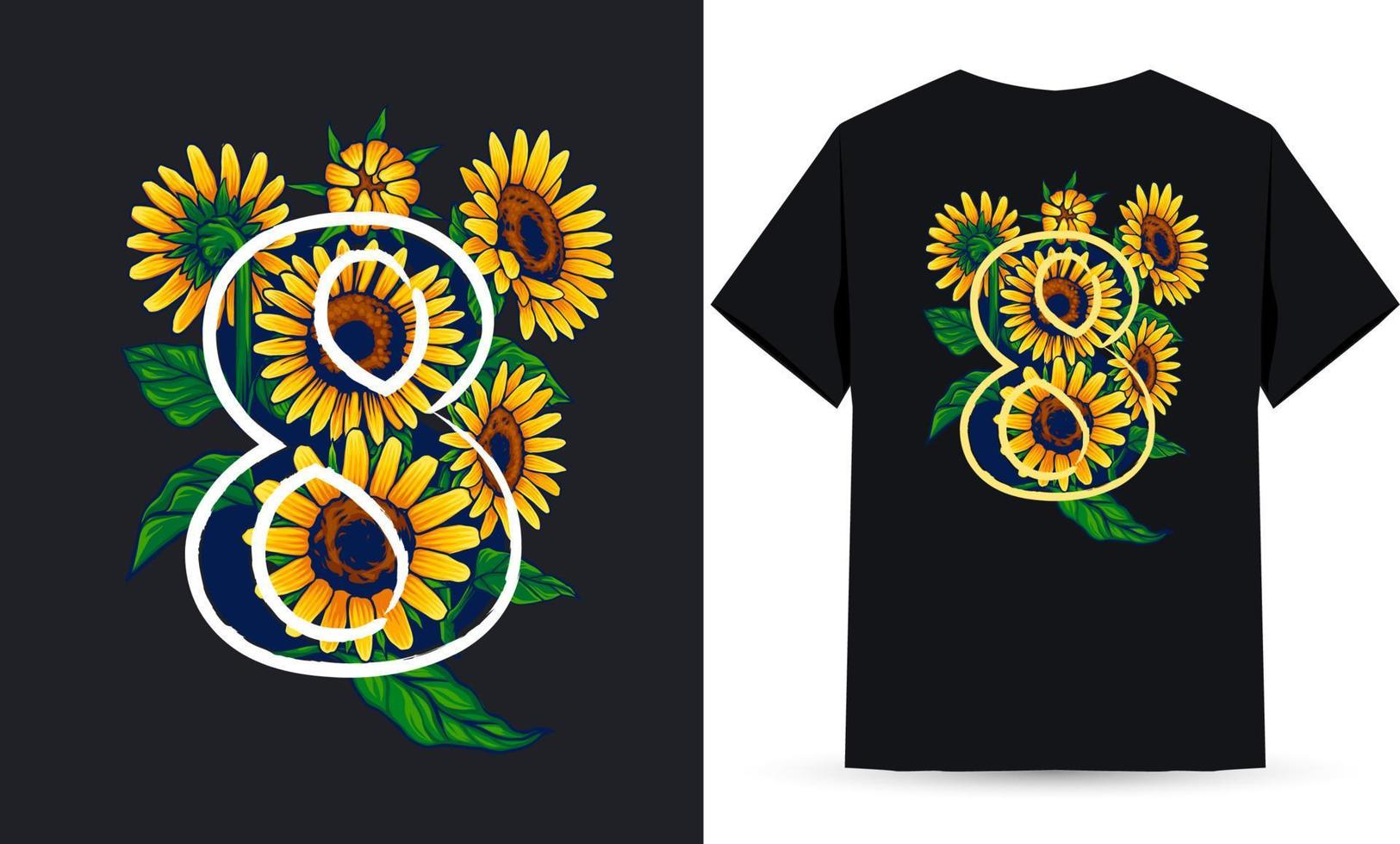 nummer 8 sonnenblumen- und sommerillustration geeignet für den siebdruck von hemden vektor