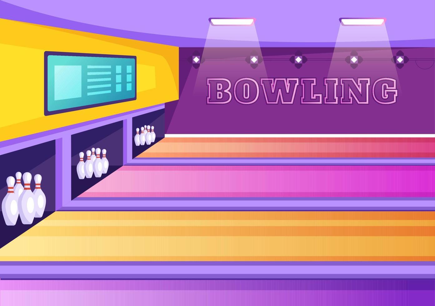 bowlingspel handritad tecknad platt bakgrundsdesignillustration med nålar, bollar och resultattavlor i en sportklubb eller aktivitetstävling vektor