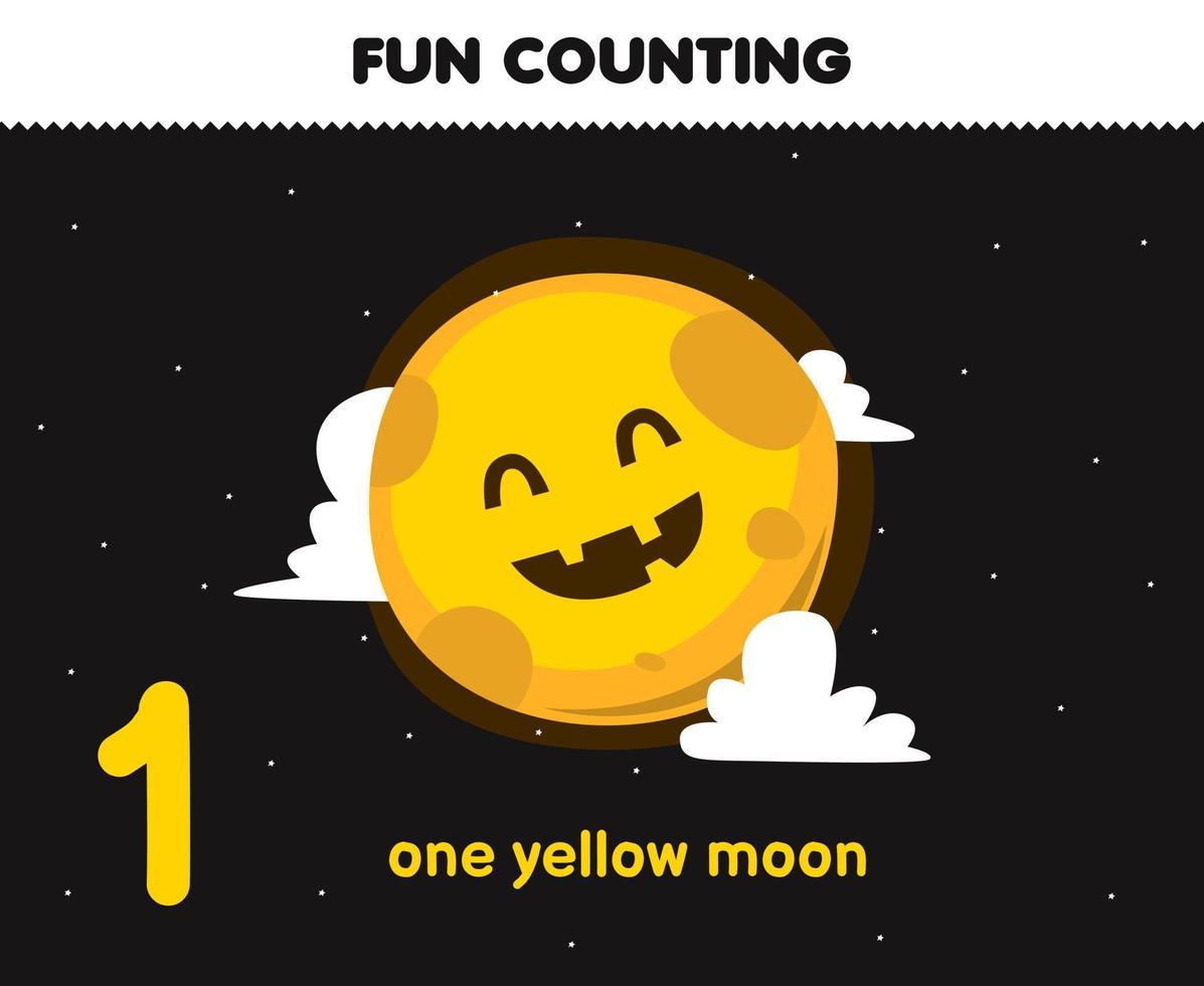 Bildungsspiel für Kinder Spaß beim Zählen eines gelben Mond-Halloween-Arbeitsblatts vektor