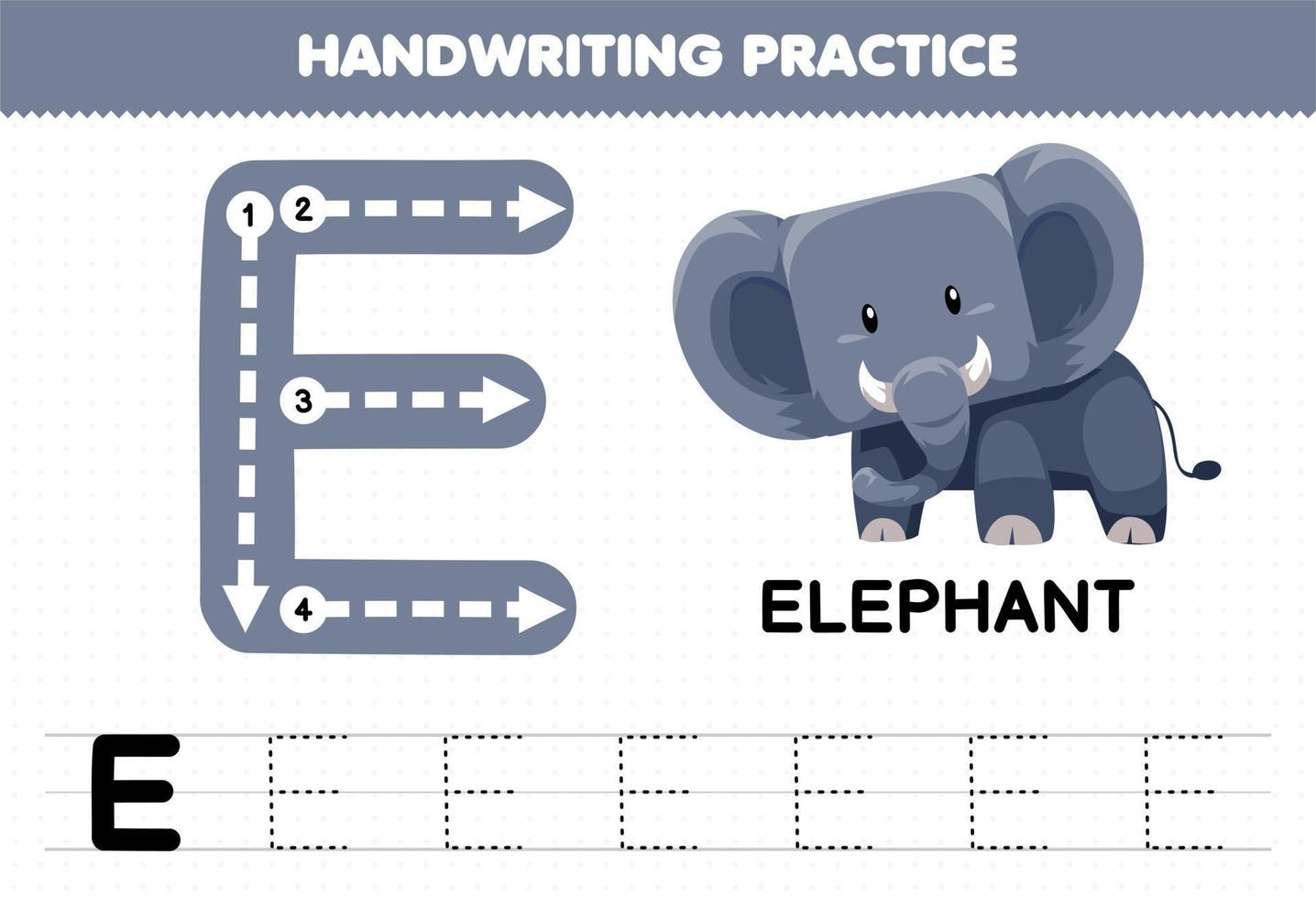 utbildningsspel för barn handskriftsövning med versaler e för elefant utskrivbart kalkylblad vektor