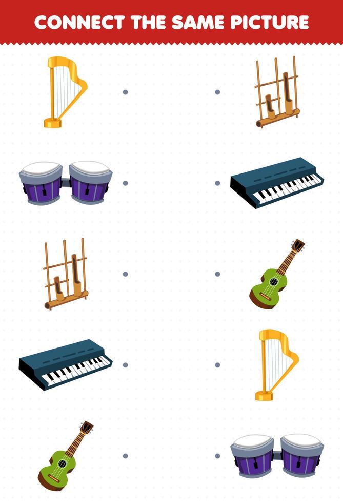 Bildungsspiel für Kinder Verbinden Sie das gleiche Bild des druckbaren Arbeitsblatts des Cartoon-Musikinstruments Harfe Bongo Tastatur Ukulele vektor