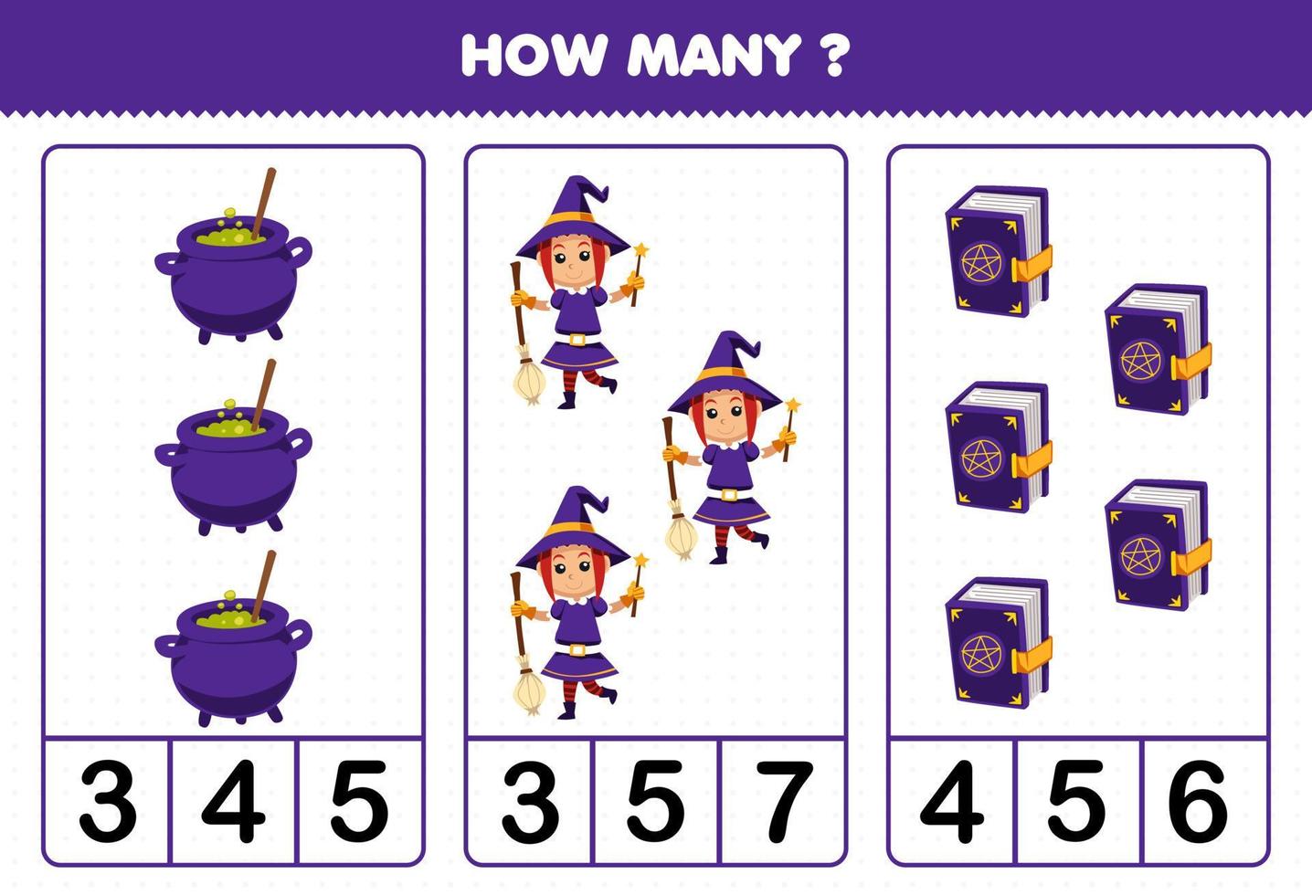 utbildningsspel för barn som räknar hur många söta tecknade kittel häxa och magiska bok halloween utskrivbart kalkylblad vektor