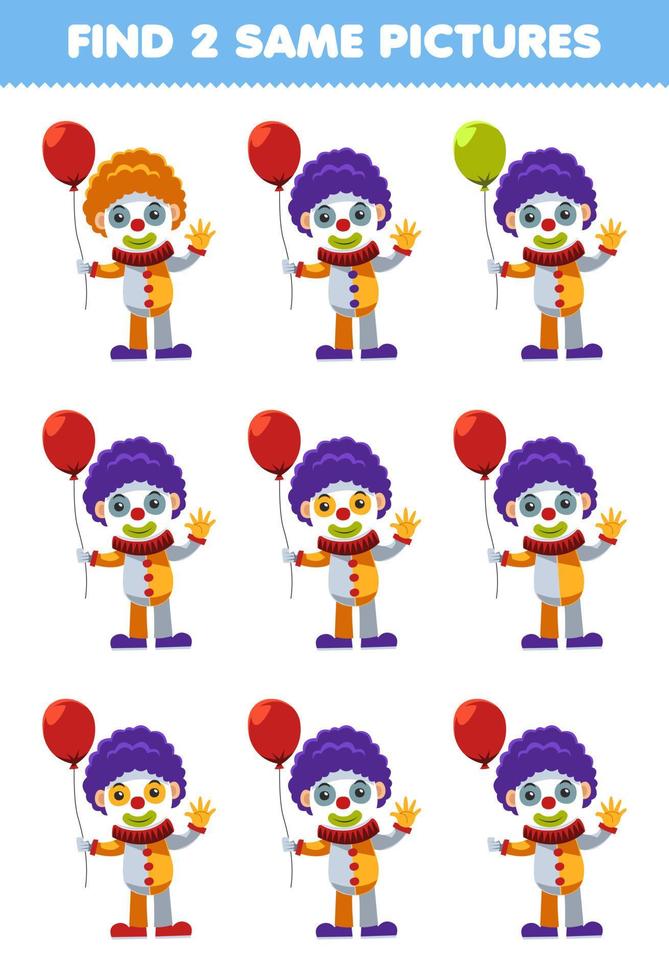 utbildning spel för barn hitta två samma bilder av söt tecknad clown kostym halloween utskrivbart kalkylblad vektor