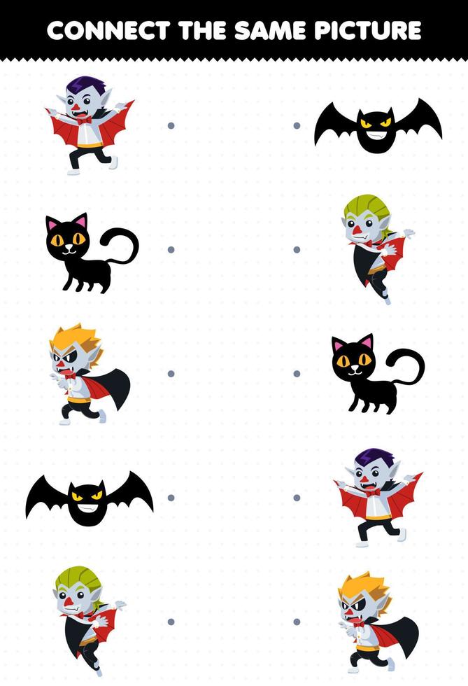 Lernspiel für Kinder Verbinden Sie das gleiche Bild des niedlichen Cartoon Dracula schwarze Katze Fledermaus Halloween druckbares Arbeitsblatt vektor