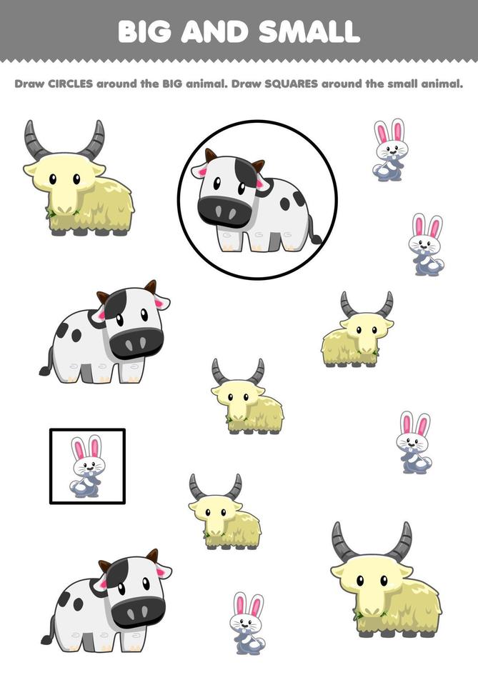 Bildungsspiel für Kinder Ordnen Sie nach Größe groß oder klein, indem Sie Kreise und Quadrate des druckbaren Arbeitsblatts des niedlichen Cartoon-Weiß-Bauernhoftiers Kuhziege Kaninchen zeichnen vektor