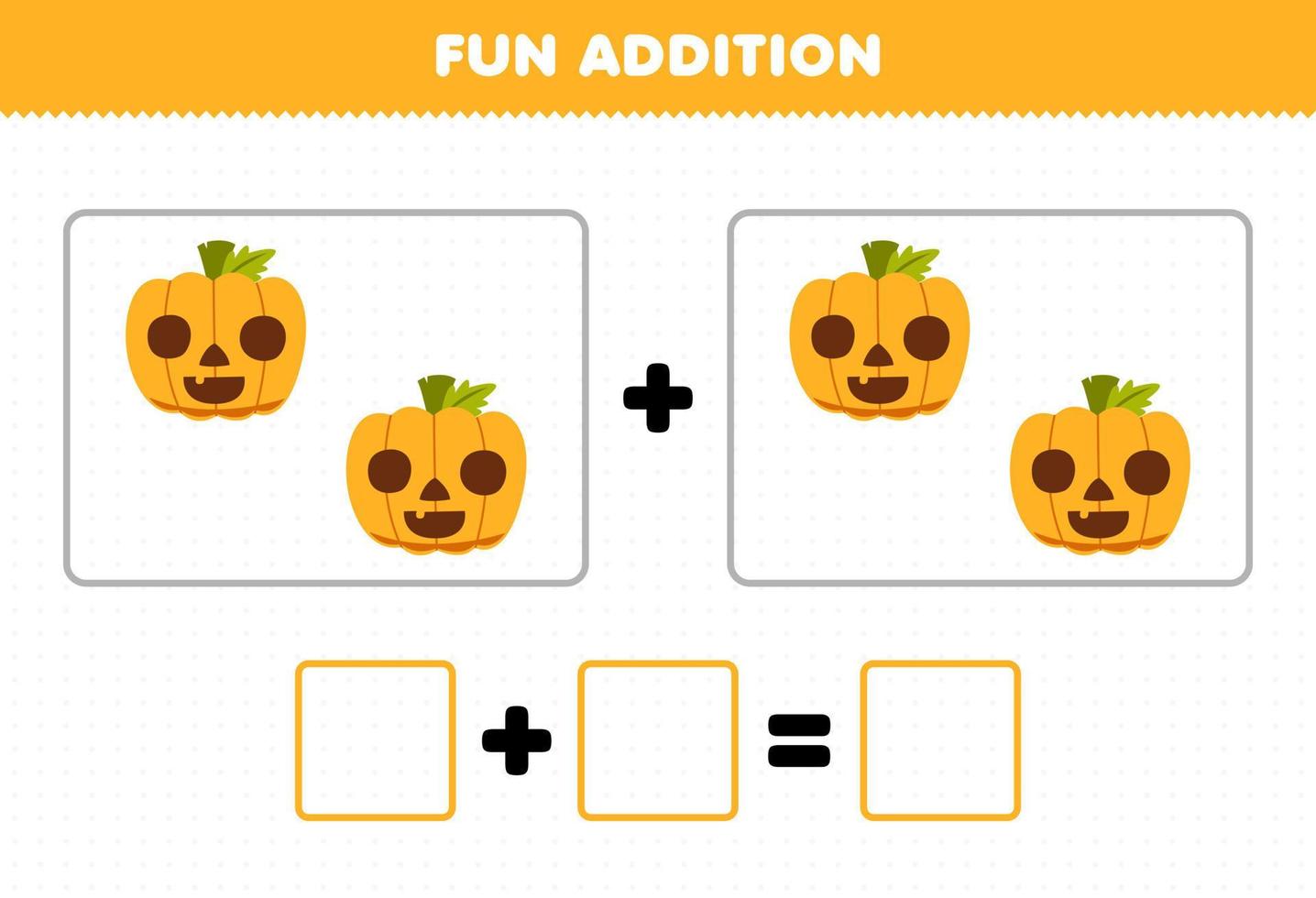 Lernspiel für Kinder, lustige Ergänzung durch Zählen des niedlichen Cartoon-Kürbis mit Gesichtsbildern, druckbares Halloween-Arbeitsblatt vektor