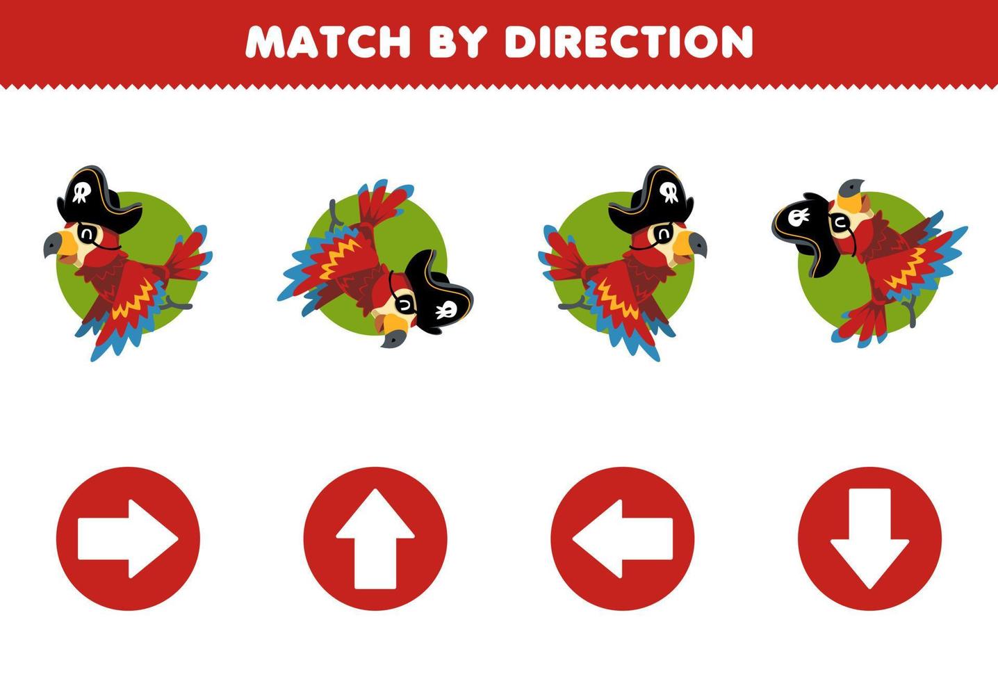 utbildningsspel för barn matcha efter riktning vänster höger upp eller ner orientering av söt tecknad papegoja med pirathatt karaktär halloween utskrivbart kalkylblad vektor