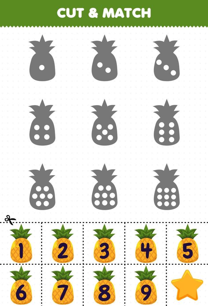 Lernspiel für Kinder, zählen Sie die Punkte auf jeder Silhouette und ordnen Sie sie dem druckbaren Arbeitsblatt mit der richtigen Nummer der Ananasfrüchte zu vektor