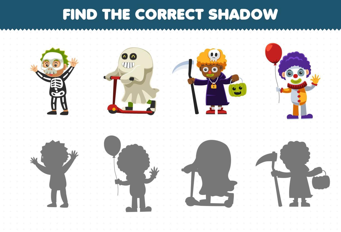 Bildungsspiel für Kinder Finden Sie das richtige Schattenset aus niedlichem Cartoon-Skelett-Mumien-Clown-Kostüm-Halloween-Arbeitsblatt zum Ausdrucken vektor